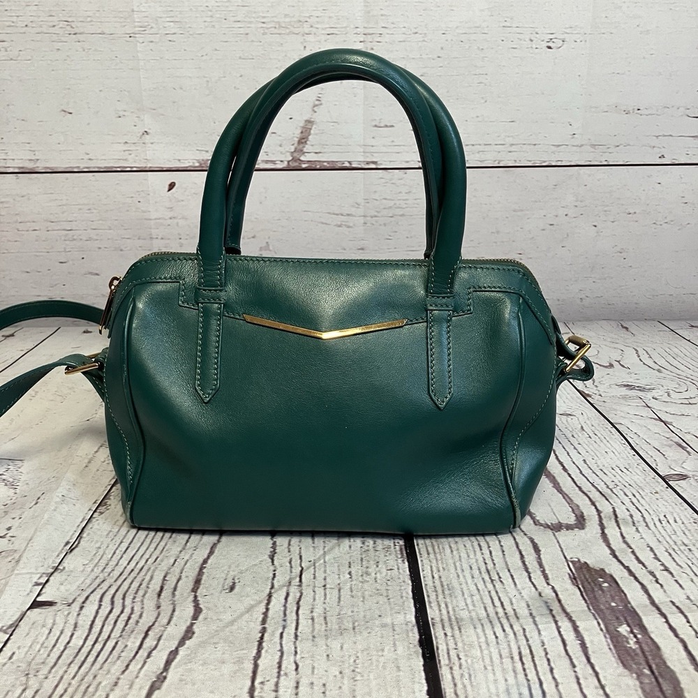 Reece Hudson Leather Handbag Green Satchel Double Handles Adjustable Strap